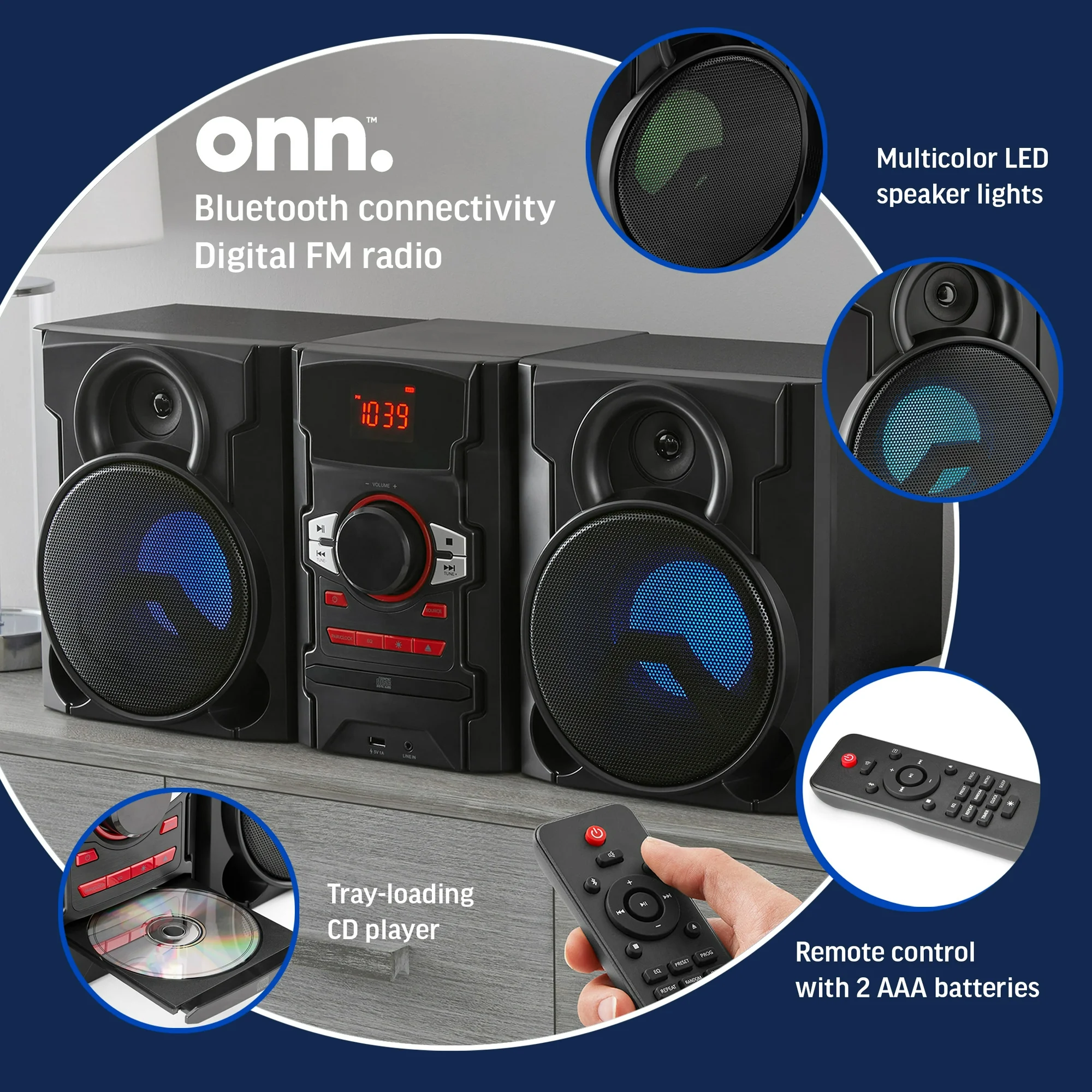 Onn. 100W CD Stereo System with Bluetooth and USB Charging Port