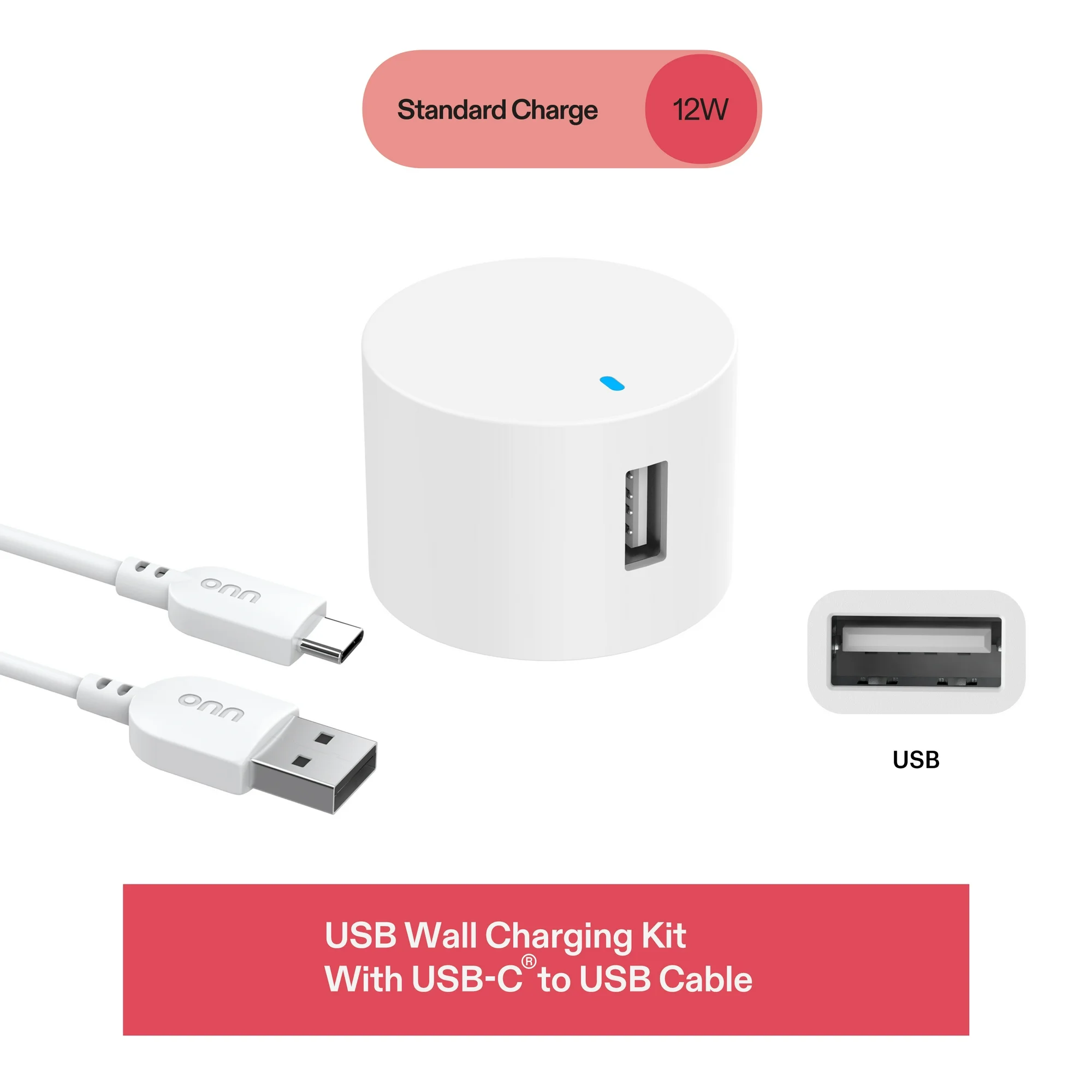 onn 12W Single USB-A Port Wall Charger with 3ft USB-C to USB Cable, Foldable Plug, White - Compatible with iPhone 17/16/15 Series, Samsung Galaxy, Google Pixel, and more